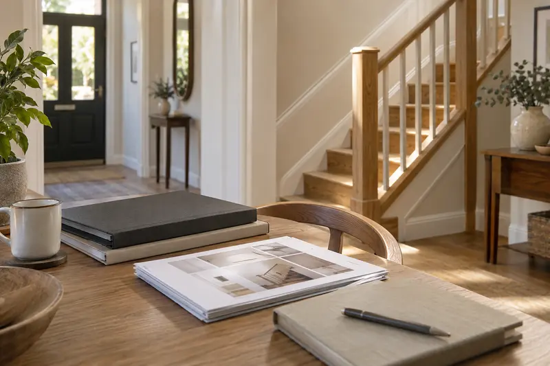 Plain folders and illustrated room sheets on a wooden table beside a staircase.
