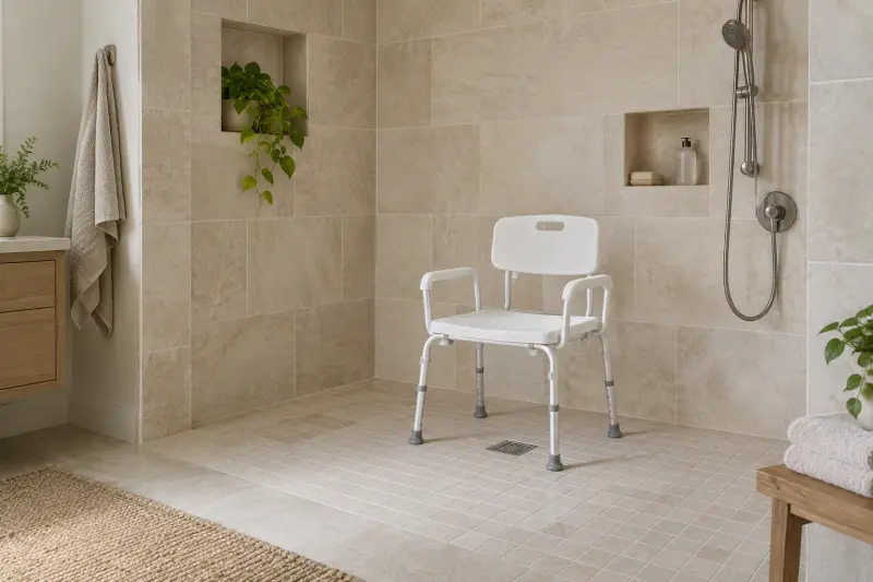 An unoccupied generic shower chair with back and arms in a dry tiled bathroom
