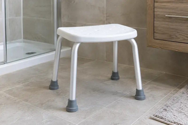 An unoccupied plain shower stool with four legs on a dry tiled bathroom floor