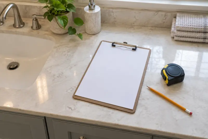 A blank clipboard, closed tape measure and pencil on a dry bathroom vanity
