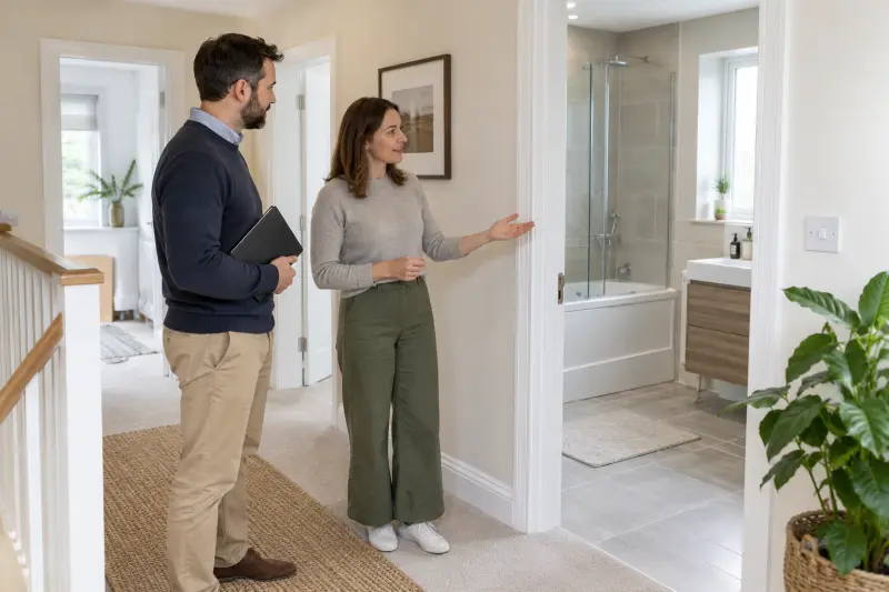 Two adults discussing a bathroom doorway in a bright hallway with a closed notebook