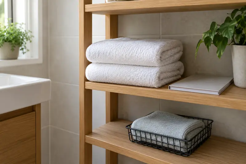 Folded towels, an unmarked booklet and a separate cloth on open bathroom shelves