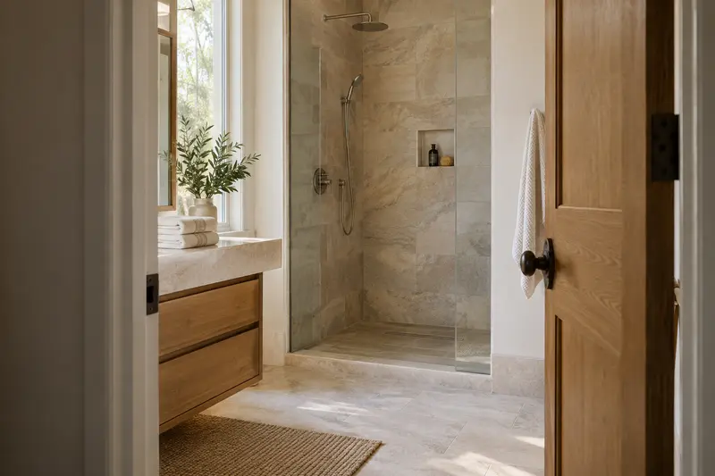 Illustrative ordinary shower recess viewed through a bathroom doorway, with folded towels.