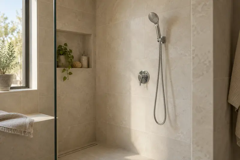 Illustrative dry shower area with a plain handheld shower in its holder.