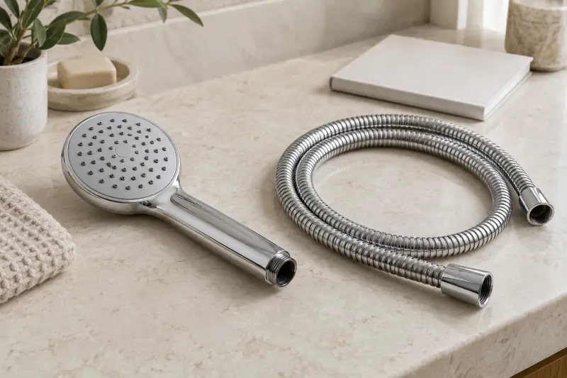 Illustrative separate handheld shower and coiled hose on a dry vanity.