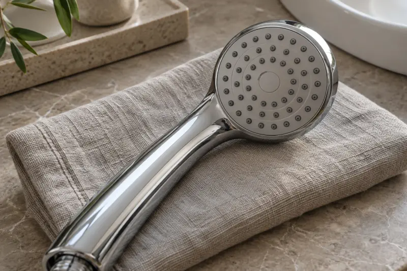Illustrative unused handheld shower resting on a folded towel.
