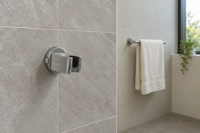 Illustrative empty shower holder on a dry tiled wall with a towel nearby.