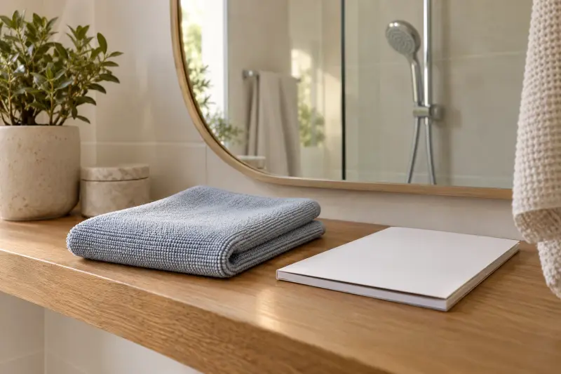 Illustrative cloth and blank booklet on a dry bathroom shelf with a distant shower reflection.