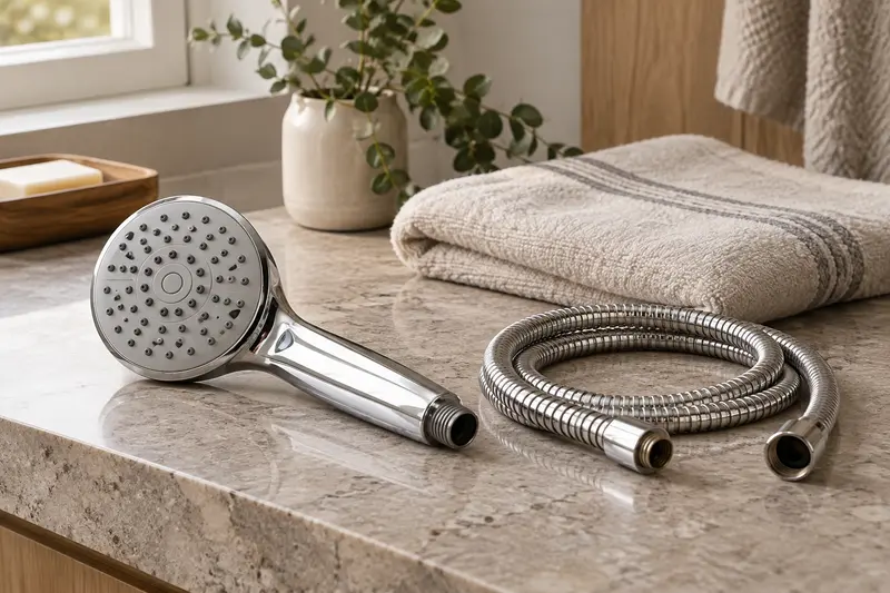 Illustrative unbranded shower handset and disconnected coiled hose on a dry counter.