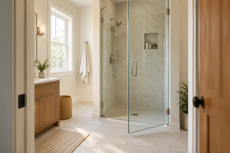 Illustrative photograph of an empty dry shower enclosure with an open glass door and visible floor drain.