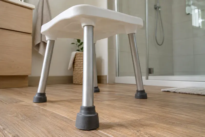 Illustrative close-up photograph of the metal legs and rubber feet of a plain unused stool outside a shower.