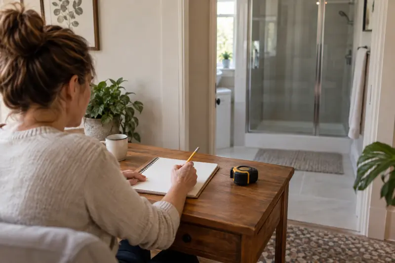 Illustrative photograph of a person preparing blank shower-planning notes beside an unused tape measure.