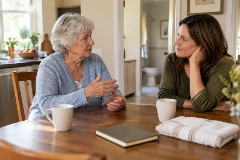 Illustrative photograph of two women discussing a household routine beside a folded towel and plain notebook.