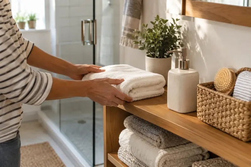 Illustrative photograph of folded towels, a plain soap dispenser and toiletry basket on a bathroom shelf.