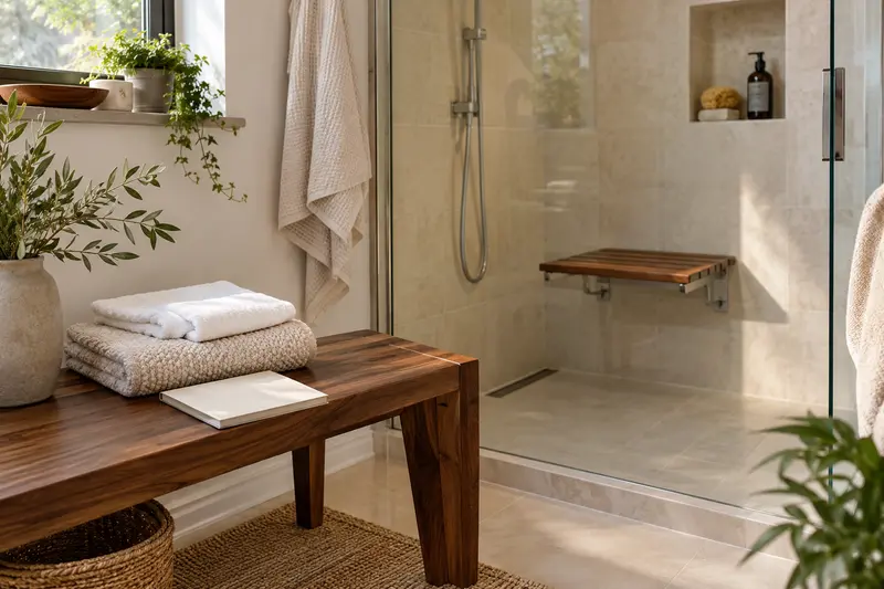 Folded towels and a closed notebook beside a dry shower enclosure.