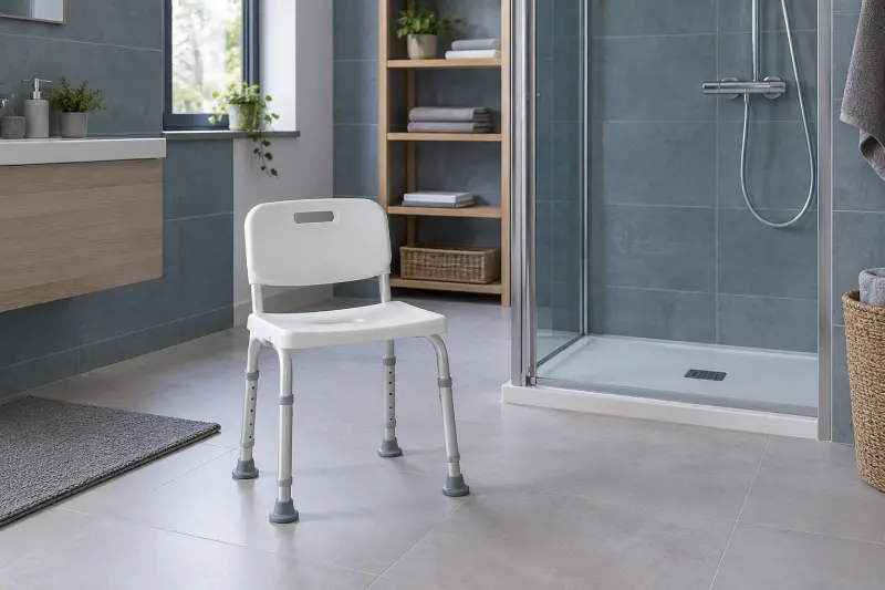 An unoccupied generic shower seat in a dry blue-grey bathroom beside an empty shower enclosure