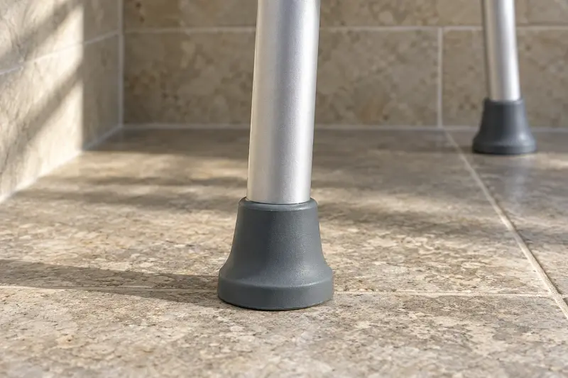 A close view of a generic shower-seat leg and rubber foot on dry stone tile