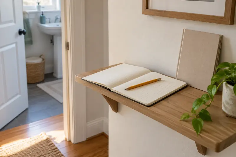A blank ruled notebook and pencil on a wall shelf beside a closed booklet outside a bathroom