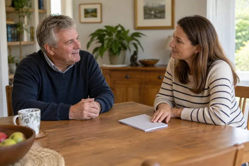 Two seated adults discussing a closed plain booklet at a home dining table