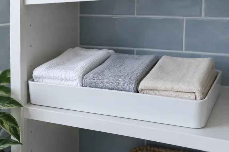Three folded plain cloths in a white tray inside a dry bathroom cupboard