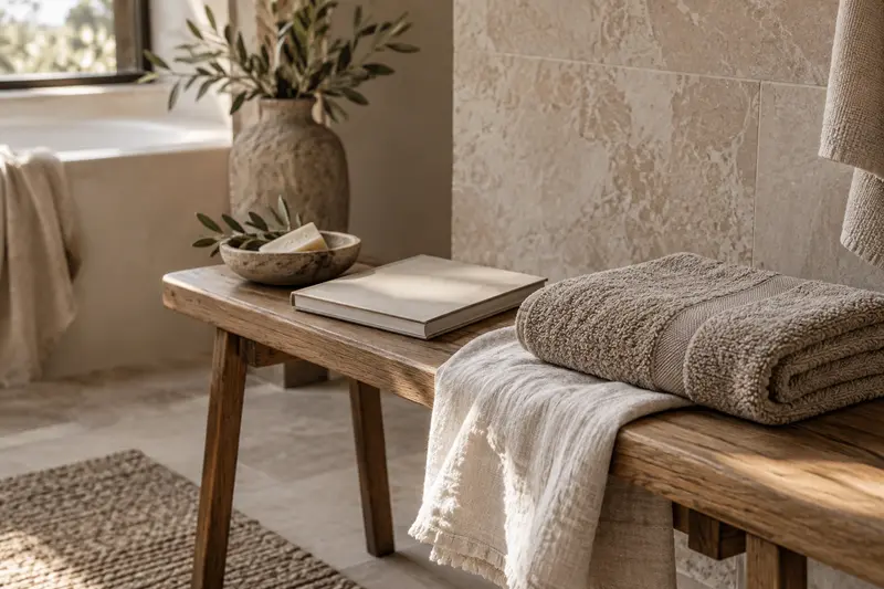 Illustrative bathroom care folder and soft folded textiles on a wooden bench.
