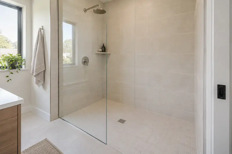 Illustrative dry empty shower enclosure with a glass screen and wall fittings.