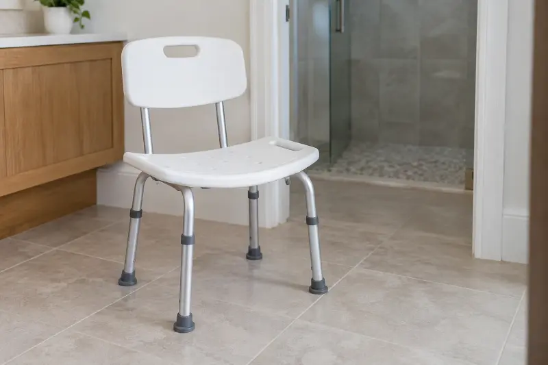 Illustrative empty freestanding shower chair viewed from the side and front.