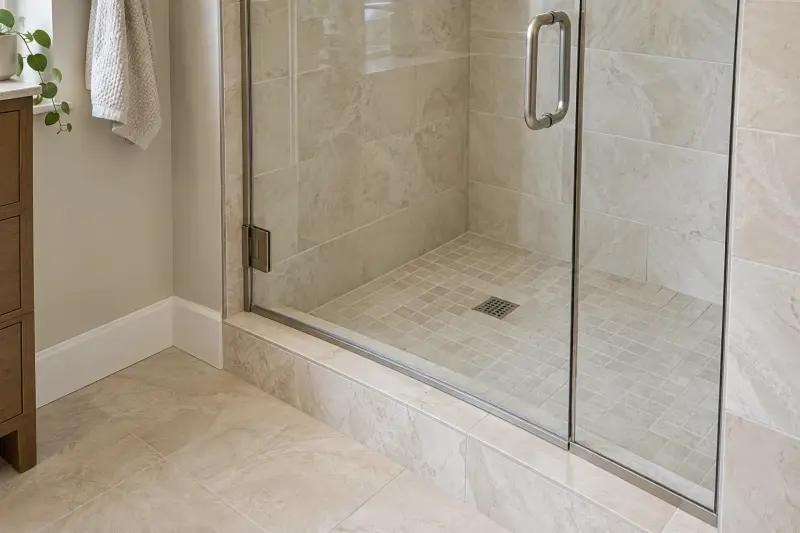 Illustrative dry shower entrance with a glass door, metal handle and tiled threshold.