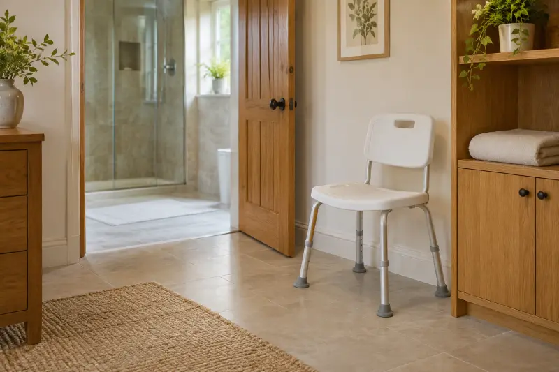 Illustrative empty shower chair beside a storage cupboard on a dry bathroom floor.