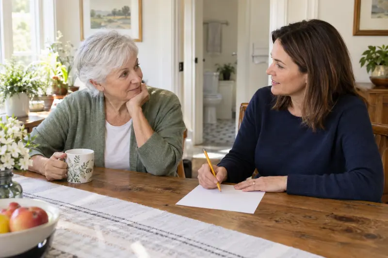 Illustrative household discussion with a blank sheet of paper at a dining table.