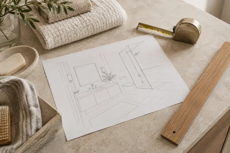 Illustrative bathroom sketch, tape measure and straightedge on a dry stone counter.
