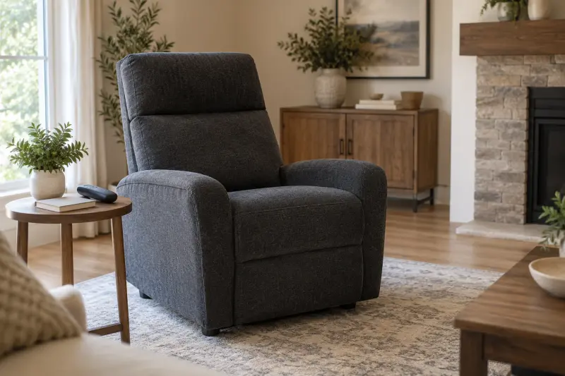 Illustrative photograph of an upright charcoal lounge chair beside a plain handheld control and booklet.