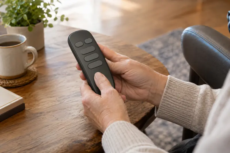 Illustrative close-up photograph of hands holding a plain control with unlabelled buttons beside a chair.
