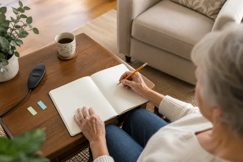 Illustrative photograph of a person preparing blank comparison notes beside a plain inactive hand control.