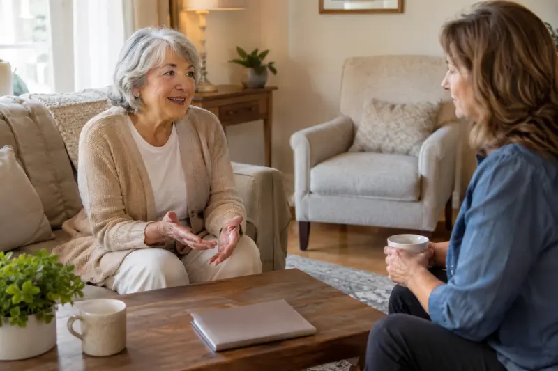 Illustrative photograph of two women discussing household preferences in a living room.