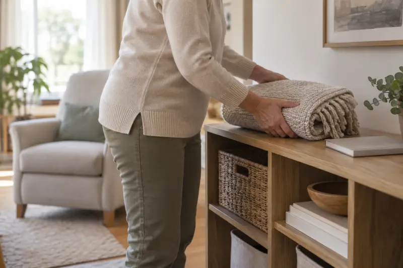 Illustrative photograph of a folded throw being stored on a living-room shelf beside a plain booklet.