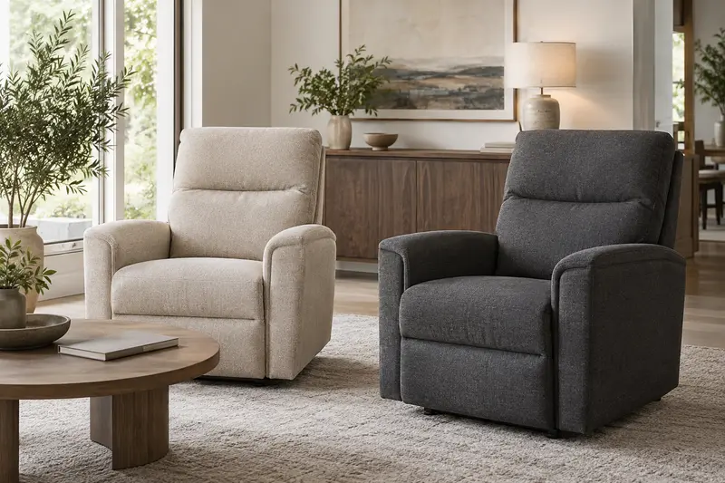 Illustrative empty beige and charcoal recliners beside a plain comparison folder.