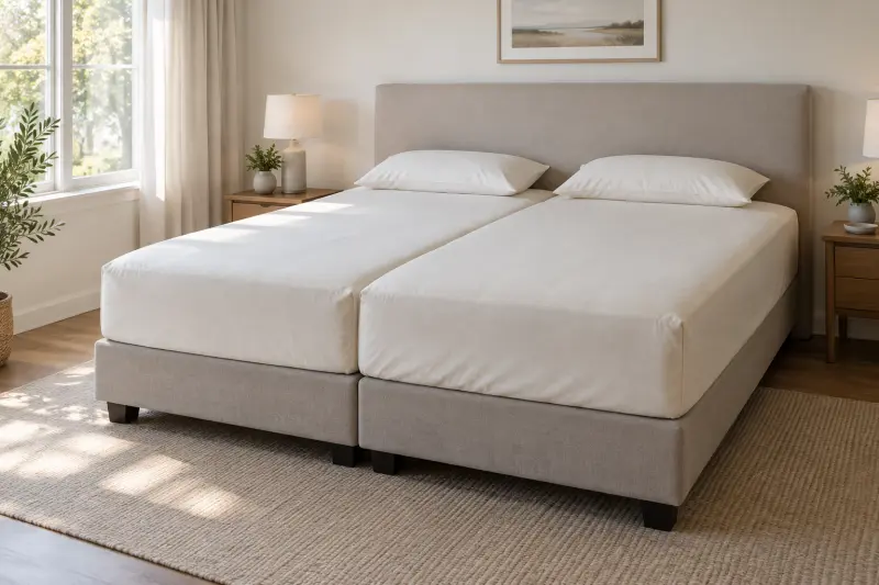 Two flat separately fitted mattress surfaces in a neutral bedroom with a central seam