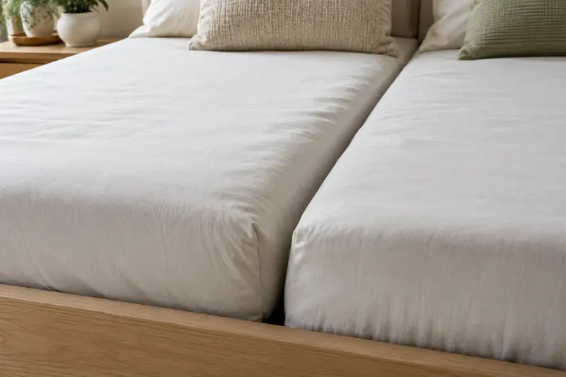 A close view of the central separation between two flat mattresses with individual cotton sheets
