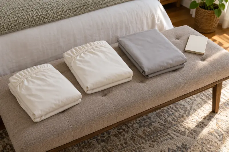 Two folded ivory fitted sheets and a grey sheet beside a plain notebook on a bedroom bench