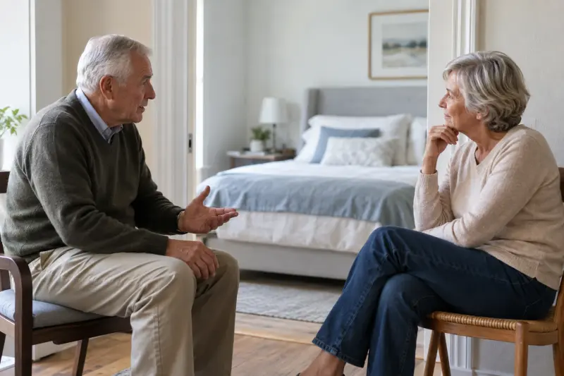 An older couple talking on separate chairs by a bedroom doorway