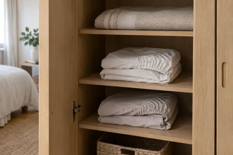 Separate stacks of fitted sheets on bedroom cupboard shelves beneath a folded blanket