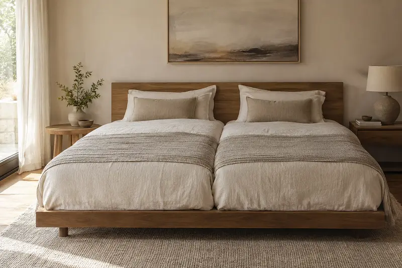 Illustrative pair of flat mattresses with separate neutral covers on a wide wooden bed.