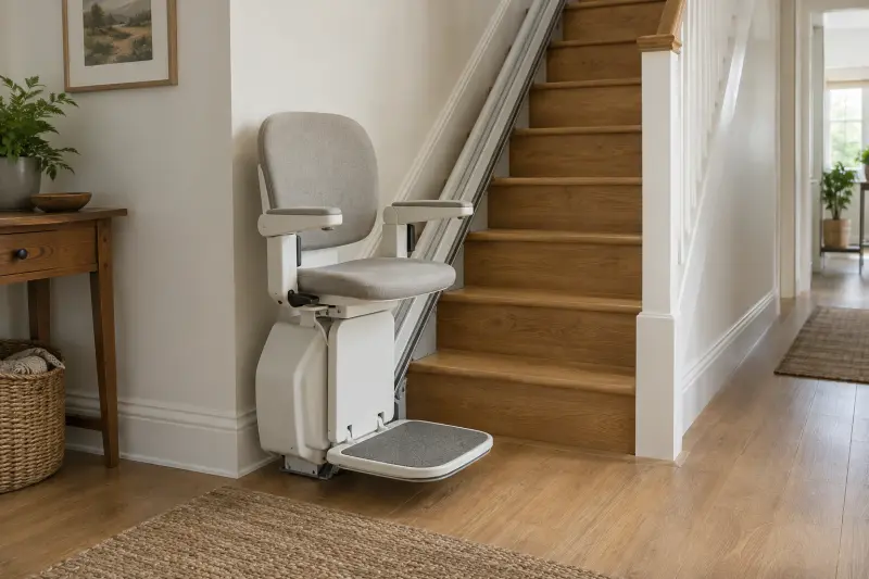 Illustrative empty stairlift chair beside the lower end of a straight staircase.