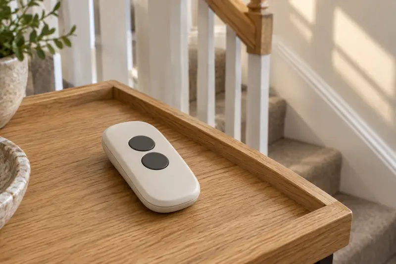 Illustrative closed, unmarked handheld remote on an oak tray near a staircase.