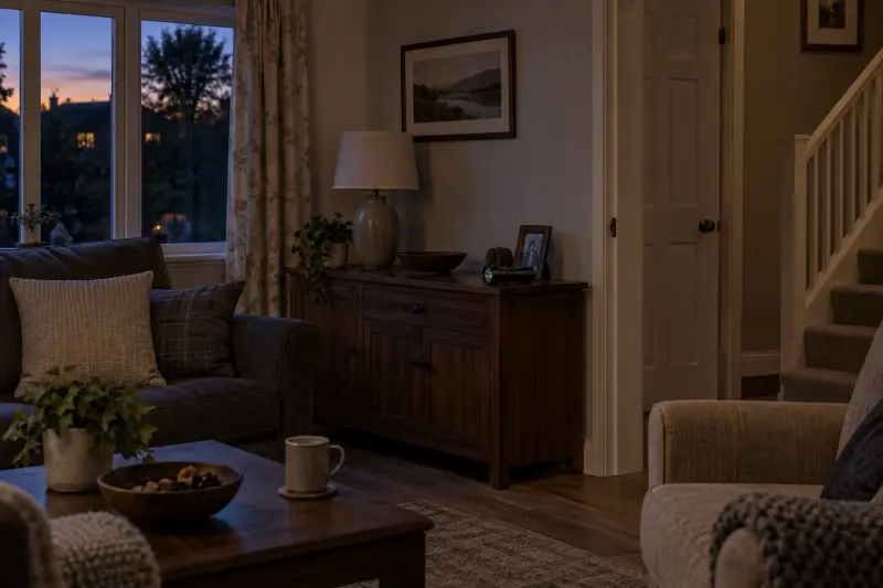 Illustrative dusk sitting room with an unlit lamp and a small torch on a sideboard.