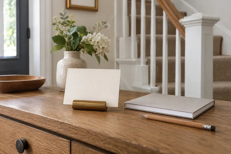 Illustrative blank card in a stand beside a closed booklet on a downstairs console.
