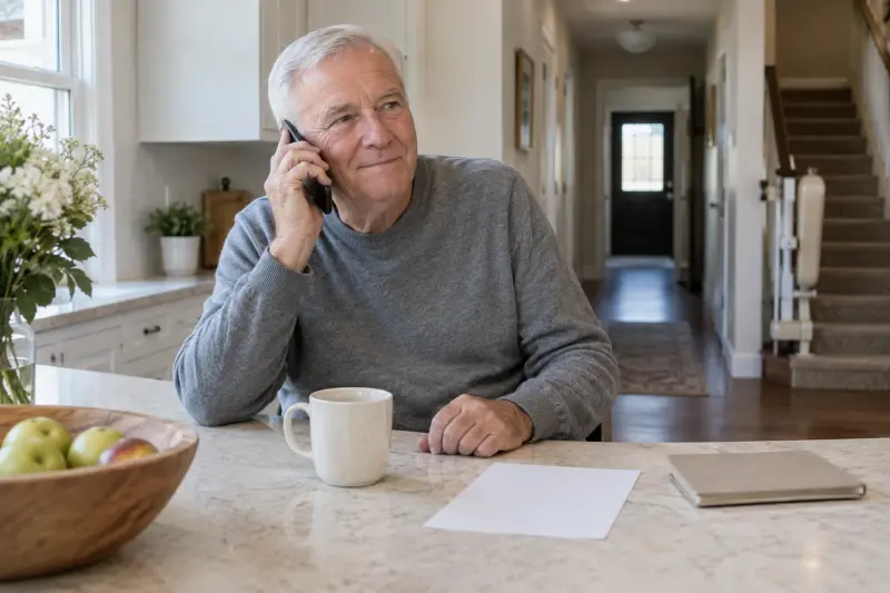 Illustrative seated household phone conversation beside a blank page and closed booklet.