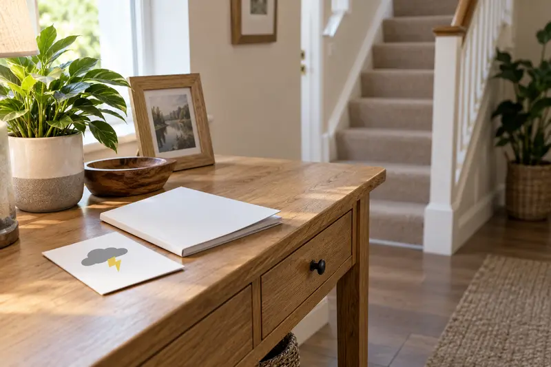 Closed household manual and a power-interruption symbol card on a hallway console.