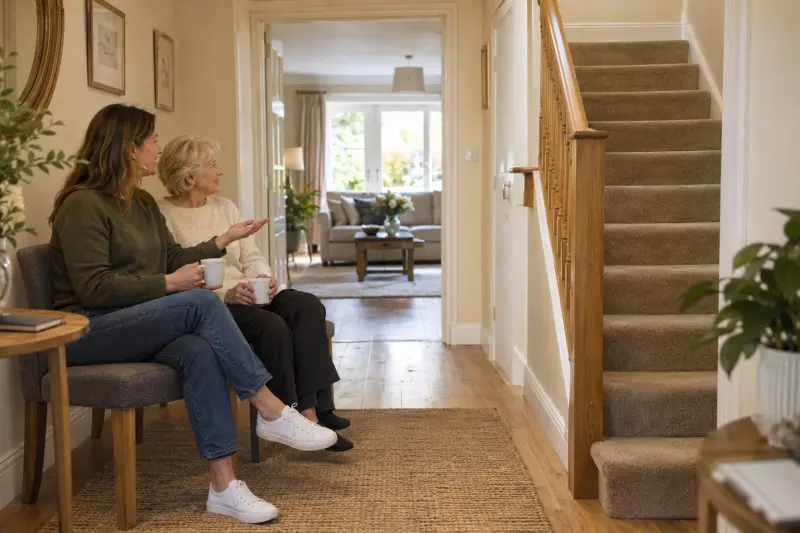 Illustrative photograph of two seated women discussing the everyday route beside a home staircase.